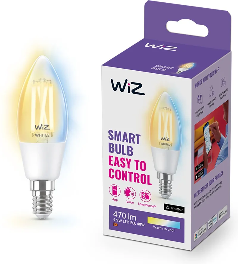 Filament Kaarslamp - Warm- tot Koelwit Licht - Slimme LED Verlichting - E14 fitting - 40W - Transparant - Wi-Fi by WiZ – product photo