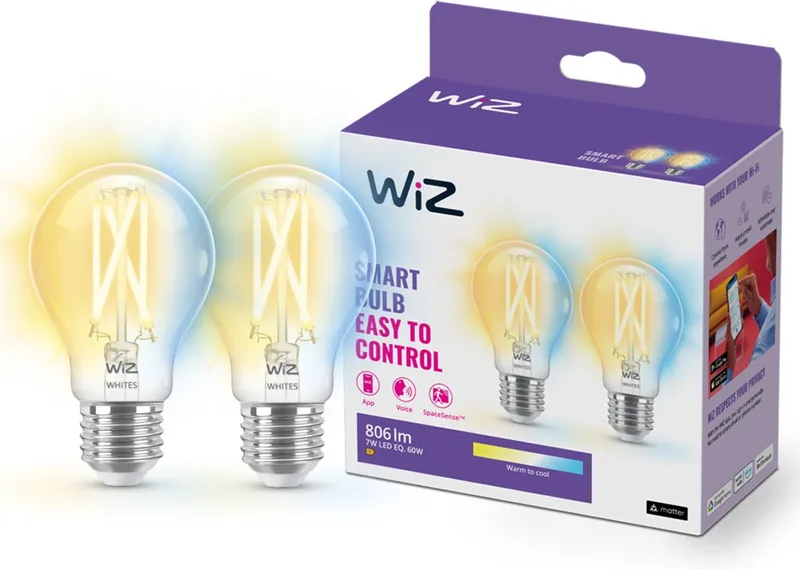 Filament Lamp 2-pack - Warm- tot Koelwit Licht - Slimme LED Verlichting - E27 fitting - 60W - Transparant - Wi-Fi von WiZ – Produktfoto