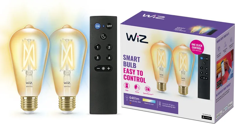 Filament Lamp Edison - 2-pack + Afstandsbediening - Warm- tot Koelwit Licht - Slimme LED Verlichting - E27 fitting - 50W - Goud - Wi-Fi von WiZ – Produktfoto