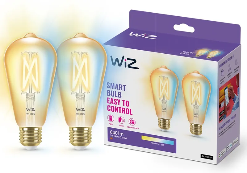 Filament Lamp Edison - 2-pack - Warm- tot Koelwit Licht - Slimme LED Verlichting - E27 fitting - 50W - Goud - Wi-Fi de WiZ – photo produit