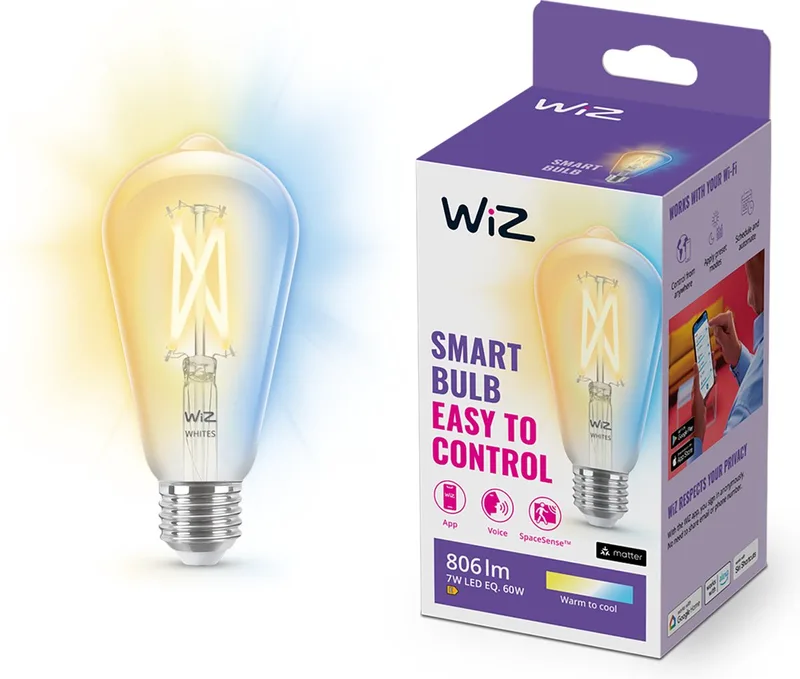 Filament Lamp Edison - Warm- tot Koelwit Licht - Slimme LED Verlichting - E27 fitting - 60W - Transparant - Wi-Fi de WiZ – photo produit