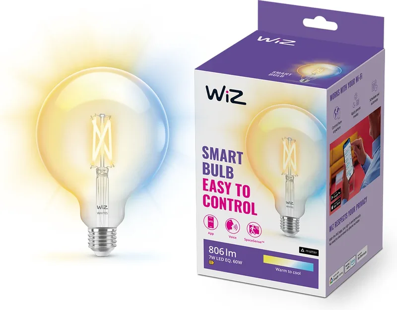Filament Lamp Globe - Warm- tot Koelwit Licht - Slimme LED Verlichting - E27 fitting - 60W - Transparant - Wi-Fi - Grote bol: G125 van WiZ – productfoto