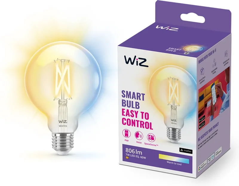 Filament Lamp Globe - Warm- tot Koelwit Licht - Slimme LED Verlichting - E27 fitting - 60W - Transparant - Wi-Fi - Kleine bol: G95 de WiZ – photo produit