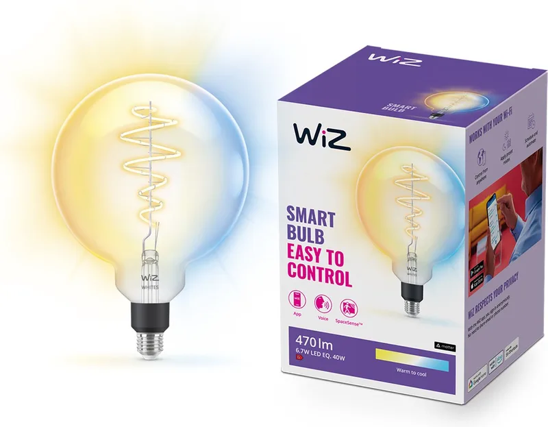 Filament Lamp Globe - Warm- tot Koelwit Licht - Slimme LED Verlichting - E27 fitting - 40W - Transparant - Wi-Fi van WiZ – productfoto