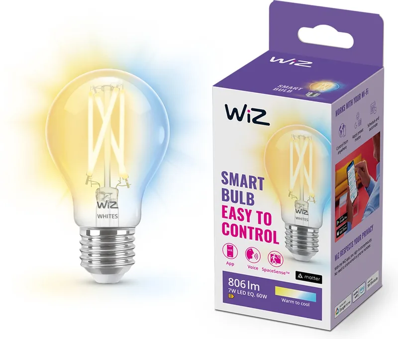 Filament Lamp - Warm- tot Koelwit Licht - Slimme LED Verlichting - E27 fitting - 60W - Transparant - Wi-Fi van WiZ – productfoto
