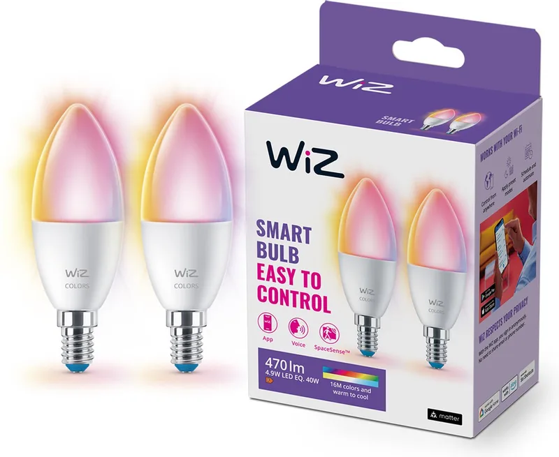 Kaarslamp 2-pack - Gekleurd en Wit Licht - Slimme LED Verlichting - E14 fitting - 40W - Mat - Wi-Fi de WiZ – photo produit