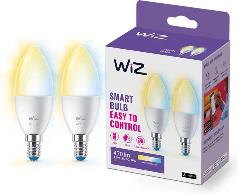 Kaarslamp 2-pack - Warm- tot Koelwit Licht - Slimme LED Verlichting - E14 fitting - 40W - Mat - Wi-Fi van WiZ – productfoto