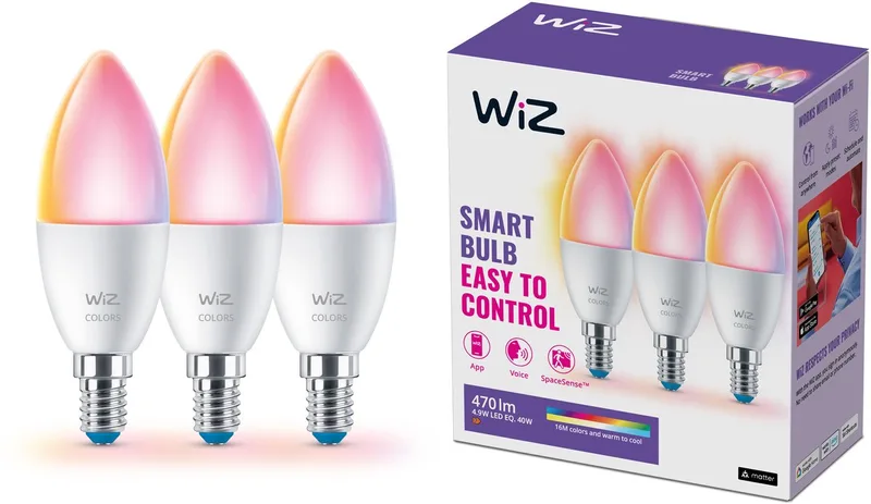 Kaarslamp 3-pack - Gekleurd en Wit Licht - Slimme LED Verlichting - E14 fitting - 40W - mat - Wi-Fi van WiZ – productfoto