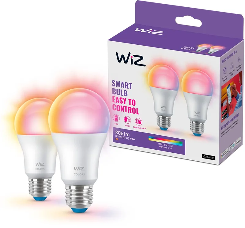 Lamp 2-pack - Slimme LED-Verlichting - Gekleurd en Wit Licht - E27 - 60W - Mat - Wi-Fi från WiZ – produktbild