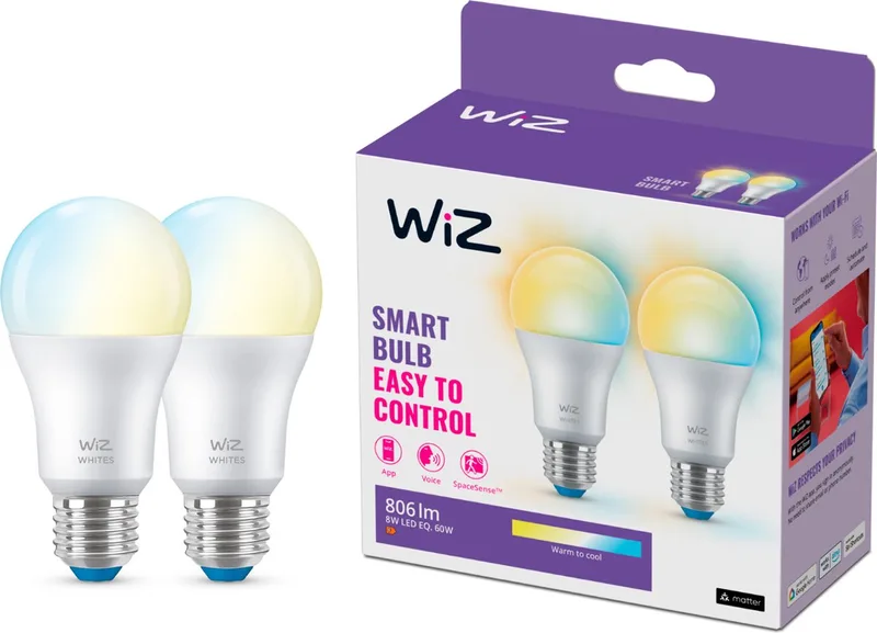 Lamp 2-pack - Warm- tot Koelwit Licht - Slimme LED Verlichting - E27 fitting - 60W - Mat - Wi-Fi från WiZ – produktbild