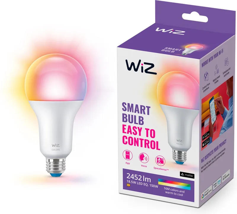 Lamp - Gekleurd en Wit Licht - Slimme LED Verlichting - E27 fitting - 150W - Mat - Wi-Fi van WiZ – productfoto