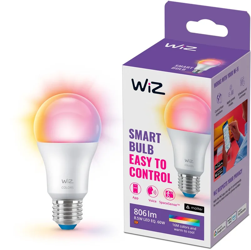 Lamp - Gekleurd en Wit Licht - Slimme LED Verlichting - E27 fitting - 60W - Mat - Wi-Fi van WiZ – productfoto