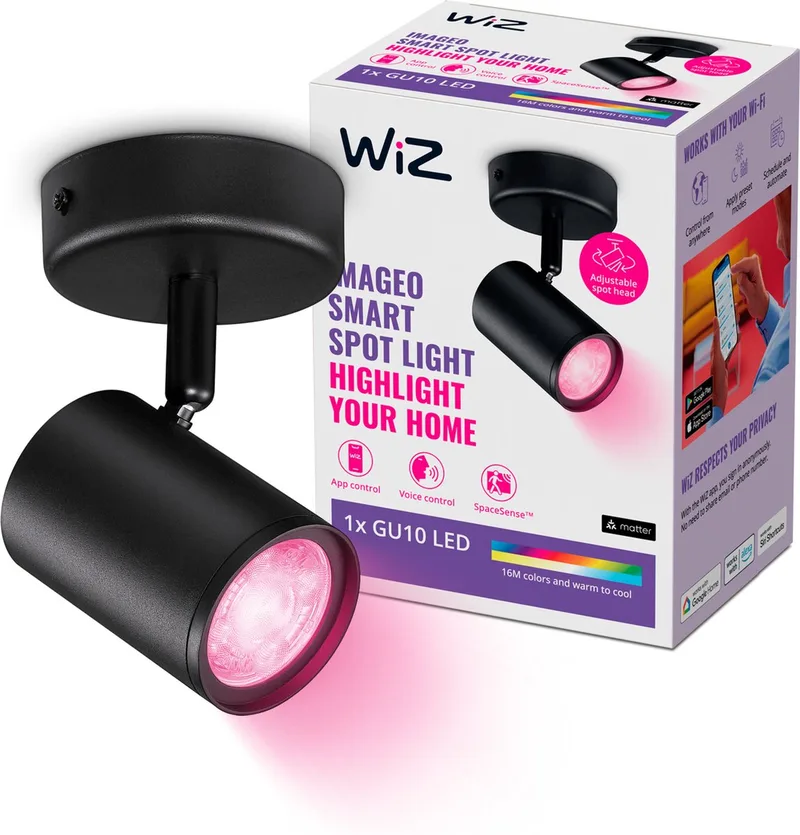 Plafondlamp Imageo - Opbouwspot - 1 spot - Gekleurd en Wit Licht - Slimme LED Verlichting - GU10 fitting - 1x 5W - Wi-Fi by WiZ in Black – product photo