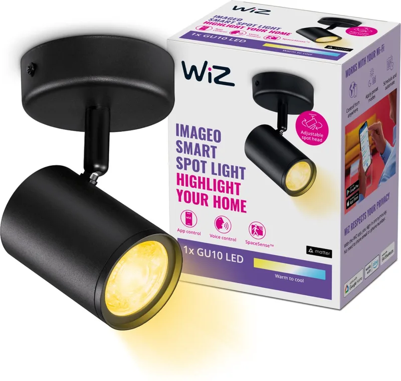 Plafondlamp Imageo - Opbouwspot - 1 spot - Warm- tot Koelwit Licht - Slimme LED Verlichting - GU10 fitting - 1x 5W - Wi-Fi by WiZ in Black – product photo
