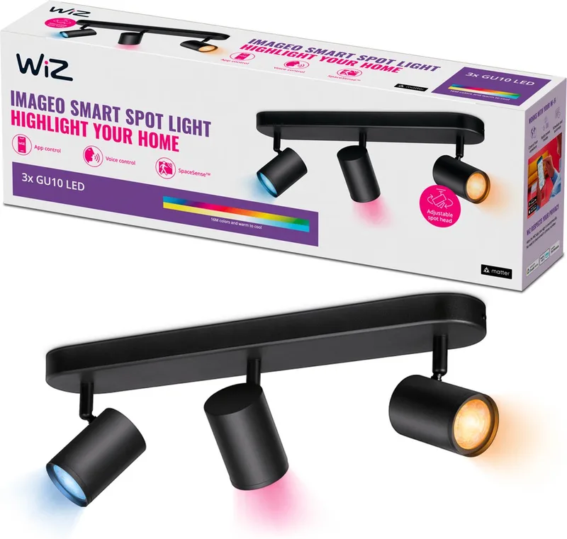 Plafondlamp Imageo - Opbouwspot - 3 spots - Gekleurd en Wit Licht - Slimme LED Verlichting - GU10 fitting - 3x 5W - Wi-Fi de WiZ en Noir – photo produit