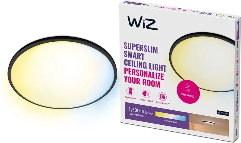 Plafondlamp SuperSlim - Diameter: 25 cm - Warm- tot Koelwit Licht - Slimme LED Verlichting - Geïntegreerde LED - 14W - Wi-Fi van WiZ in Zwart – productfoto 1 van 2