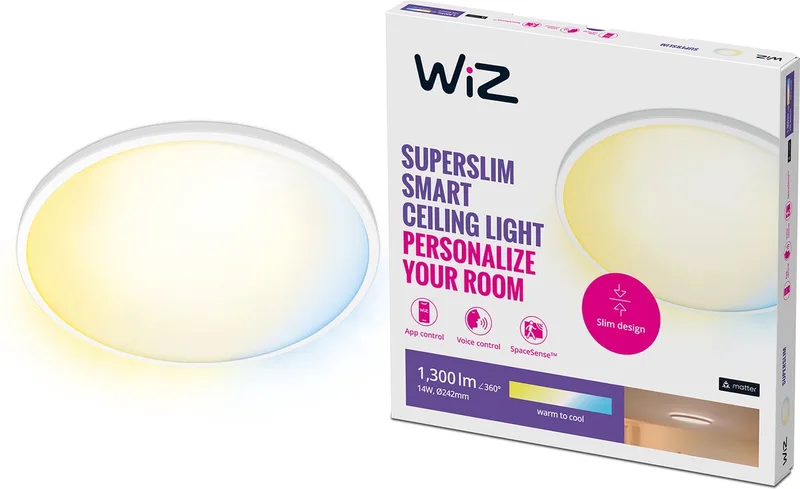 Plafondlamp SuperSlim - Diameter: 25 cm - Warm- tot Koelwit Licht - Slimme LED Verlichting - Geïntegreerde LED - 14W - Wi-Fi van WiZ in Wit – productfoto