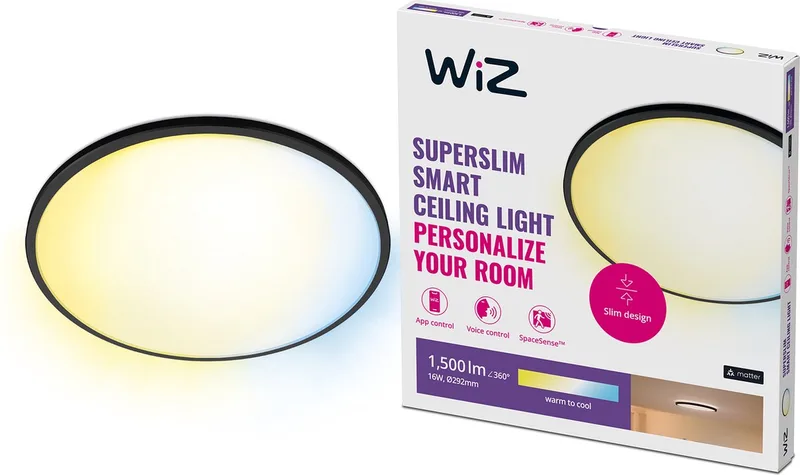 Plafondlamp SuperSlim - Diameter: 30 cm - Warm- tot Koelwit Licht - Slimme LED Verlichting - Geïntegreerde LED - 16W - Wi-Fi van WiZ in Zwart – productfoto