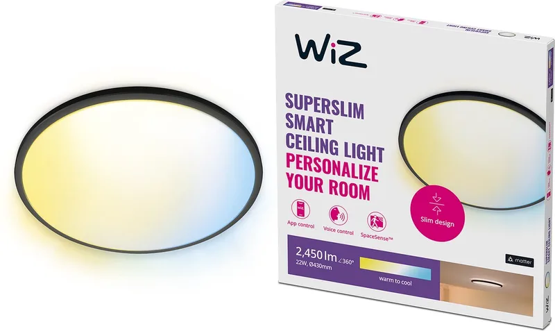 Plafondlamp SuperSlim - Diameter: 43 cm - Warm- tot Koelwit Licht - Slimme LED Verlichting - Geïntegreerde LED - 22W - Wi-Fi de WiZ en Noir – photo produit 1 sur 2