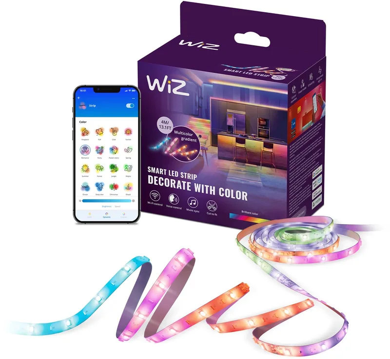 RGBIC LED strip - 4 meter - Makkelijke installatie - 16 Miljoen kleuren - Muzieksynchronisatie - RGBIC; meerdere kleur tegelijk van WiZ in Wit – productfoto