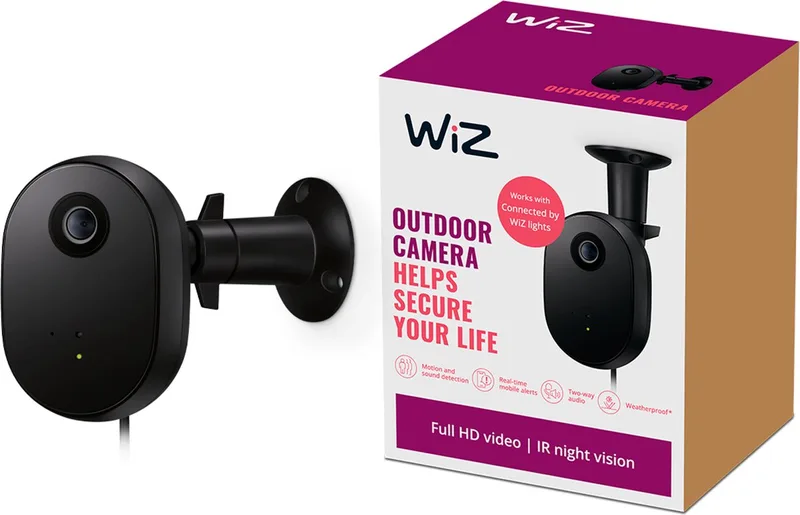 Slimme Buitencamera - Home Monitoring - Live video stream - Tweerichtingsaudio - Directe meldingen - Beweging- en geluidsdetectie - Koppel met je slimme WiZ verlichting - Nachtzicht van WiZ in Zwart – productfoto