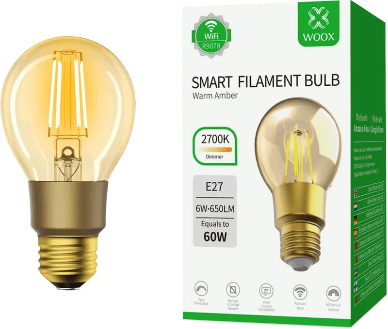 R9078 intelligente verlichting Filament E27 Wi-Fi 6 W de Woox – photo produit