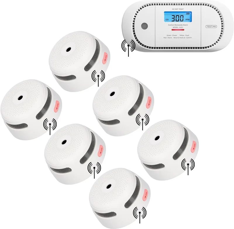 Brandpreventieset XS01-W Draadloos koppelbare rookmelder en XC01P-WR Koppelbare koolmonoxidemelder - 6 Rookmelders en 1 CO melder - 10 jaar batterij - Voldoet aan Europese norm - Koppelbaar brandalarm de X-Sense en Blanc – photo produit
