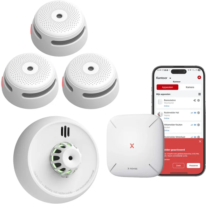 Link+ Pro Slimme bundel - 3 XS01-M Rookmelders, 1 XH02-M Hittemelder en SBS50 Base Station - Werkt via app - WiFi gateway - Draadloos RF koppelbaar - Brandalarm en Keukenmelder - Smart home Warmtemelder fra X-Sense i Hvid – produktbillede