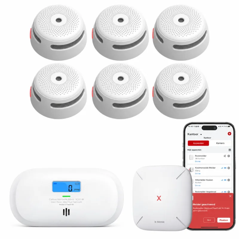 Link+ Pro Slimme bundel - 6 XS01-M Rookmelders, 1 XC0C-MR Koolmonoxidemelder en SBS50 Base Station - Werkt via app - WiFi gateway - Draadloos RF koppelbaar - Brandalarm en CO melder - Smart home från X-Sense i Vit – produktbild