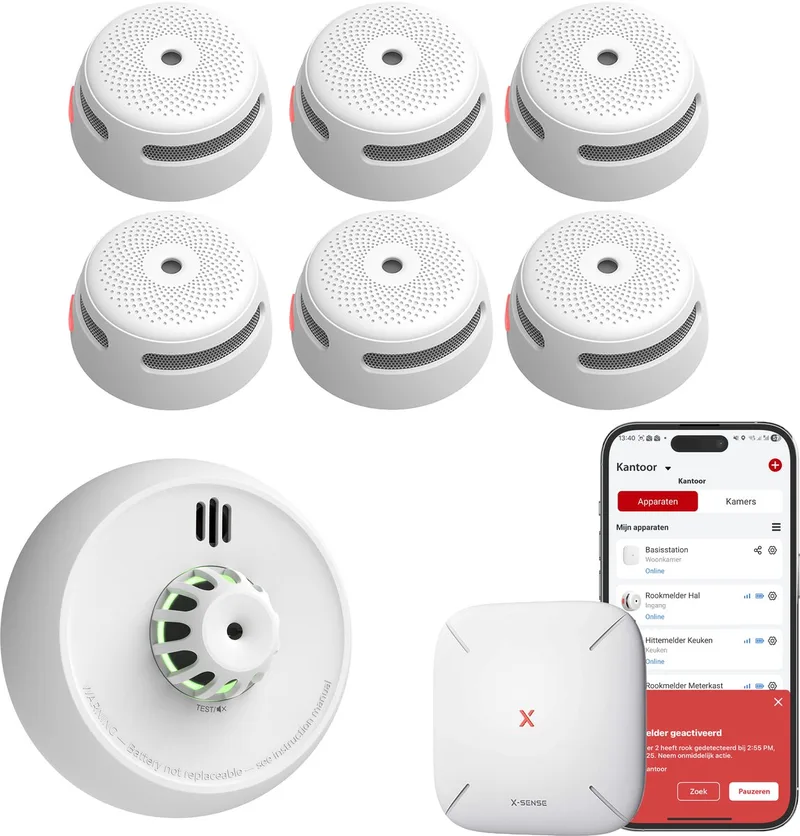 Link+ Pro Slimme bundel - 6 XS01-M Rookmelders, 1 XH02-M Hittemelder en SBS50 Base Station - Werkt via app - WiFi gateway - Draadloos RF koppelbaar - Brandalarm en Keukenmelder - Smart home Warmtemelder fra X-Sense i Hvid – produktbillede