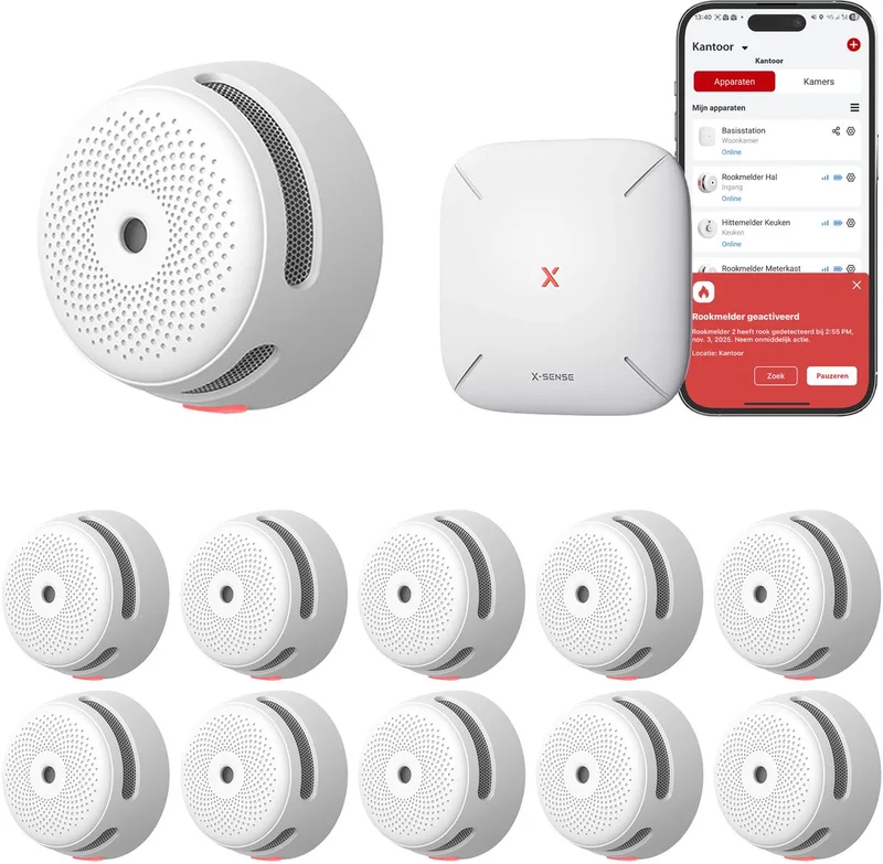 Link+ Pro Slimme Rookmelder bundel - 10 XS01-M Rookmelders en SBS50 Base Station - Werkt via app - WiFi gateway - Draadloos RF koppelbaar - Brandalarm - Smart home by X-Sense in White – product photo