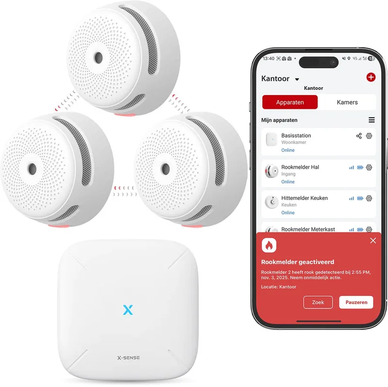 Link+ Pro Slimme Rookmelder bundel - 3 XS01-M Rookmelders en SBS50 Base Station - Werkt via app - WiFi gateway - Draadloos RF koppelbaar - Brandalarm - Smart home by X-Sense in White – product photo