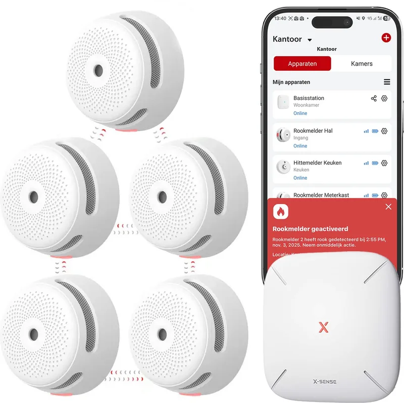 Link+ Pro Slimme Rookmelder bundel - 5 XS01-M Rookmelders en SBS50 Base Station - Werkt via app - WiFi gateway - Draadloos RF koppelbaar - Brandalarm - Smart home fra X-Sense i Hvid – produktbillede