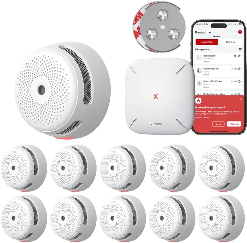 Link+ Pro Slimme Rookmelder bundel zonder boren - 10 XS01-M Rookmelders en SBS50 Base Station - Met magneet montage - Werkt via app - WiFi gateway - Draadloos RF koppelbaar - Brandalarm - Smart home fra X-Sense i Hvid – produktbillede