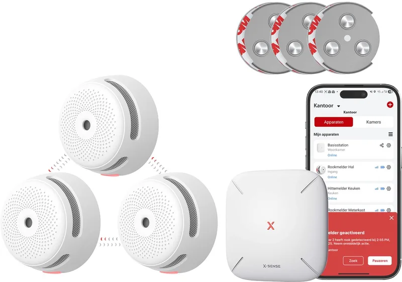 Link+ Pro Slimme Rookmelder bundel zonder boren - 3 XS01-M Rookmelders en SBS50 Base Station - Met magneet montage - Werkt via app - WiFi gateway - Draadloos RF koppelbaar - Brandalarm - Smart home från X-Sense i Vit – produktbild