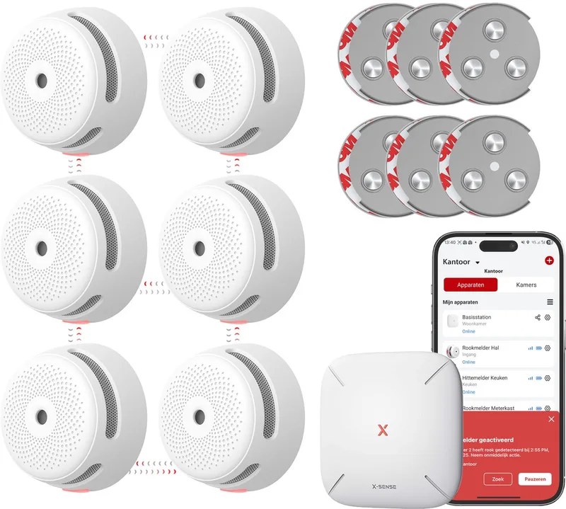 Link+ Pro Slimme Rookmelder bundel zonder boren - 6 XS01-M Rookmelders en SBS50 Base Station - Met magneet montage - Werkt via app - WiFi gateway - Draadloos RF koppelbaar - Brandalarm - Smart home de X-Sense en Blanc – photo produit