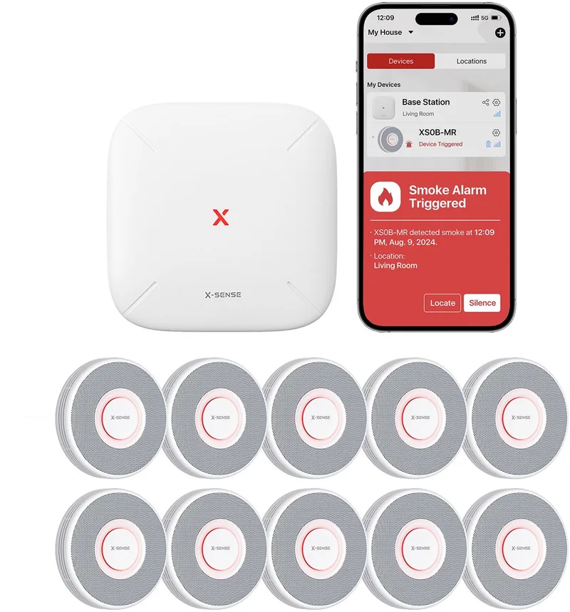 Link+ Pro Slimme Voice Rookmelder bundel - 10 XS0B-MR Rookmelders en SBS50 Base Station - Gesproken meldingen - Werkt via app - WiFi gateway - Draadloos RF koppelbaar - Brandalarm - Smart home fra X-Sense i Hvid – produktbillede