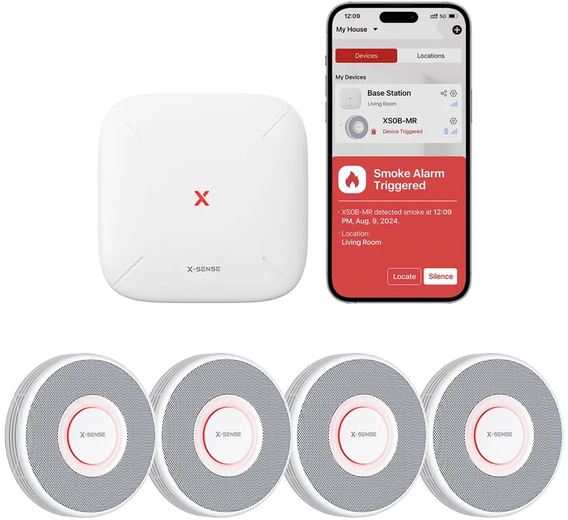 Link+ Pro Slimme Voice Rookmelder bundel - 4 XS0B-MR Rookmelders en SBS50 Base Station - Gesproken meldingen - Werkt via app - WiFi gateway - Draadloos RF koppelbaar - Brandalarm - Smart home fra X-Sense i Hvid – produktbillede