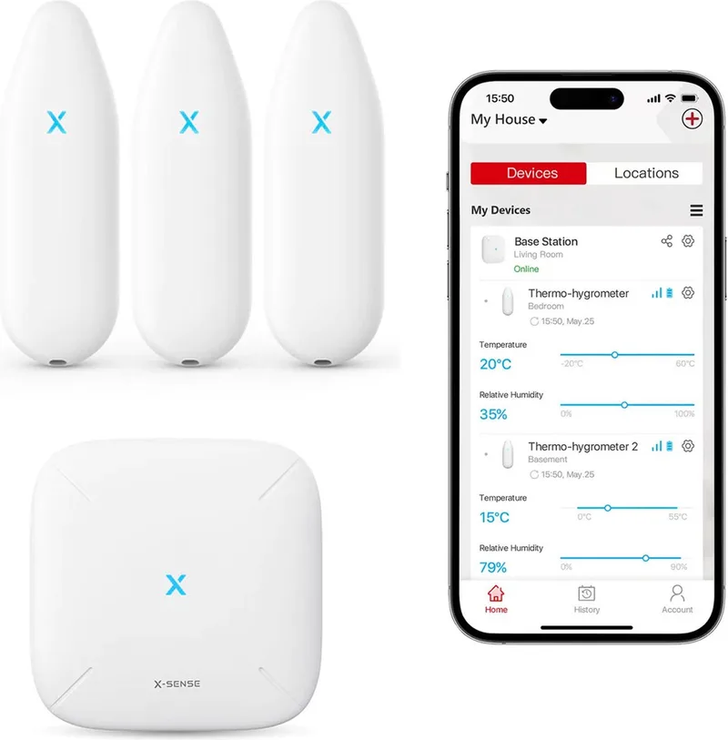 Smart Hygrometer bundel - 3 Hygrometers en Base Station - Slimme temperatuur sensor en luchtvochtigheidmeter voor binnen - Luchtvochtigheid en temperatuurmeter met Wifi - Thermometer van X-Sense in Wit – productfoto
