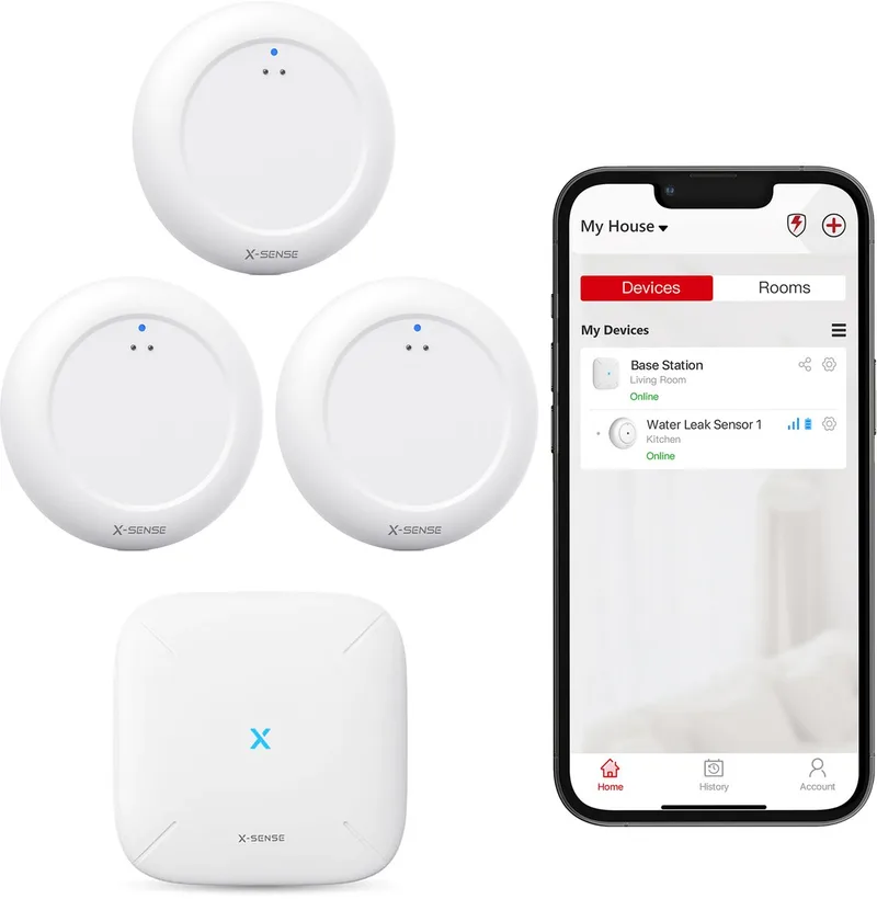 SWS0A Slimme Watermelder bundel met WiFi - 3 stuks met Base Station - Werkt met app - Watersensor - Wateralarm - Waterlekkage detector - Waterdetector - Vochtmeter - Lekdetectie från X-Sense i Vit – produktbild