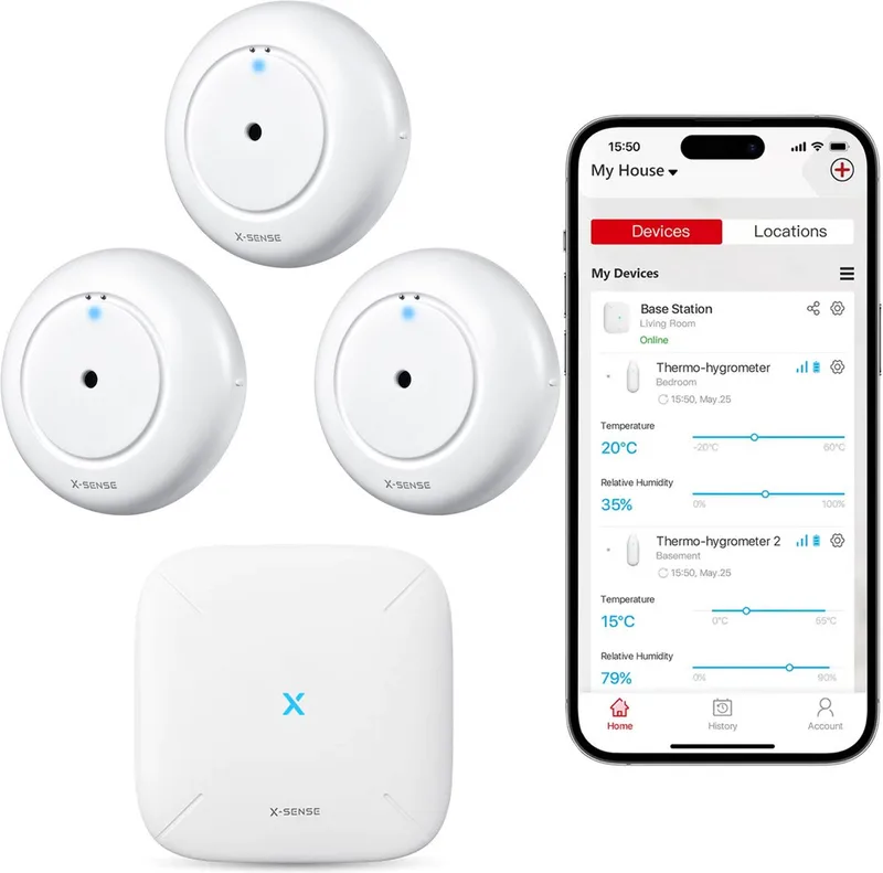 SWS51 Slimme Watermelder bundel met WiFi - 3 stuks met Base Station - Werkt met app - Watersensor - Wateralarm - Waterlekkage detector - Waterdetector - Vochtmeter - Lekdetectie från X-Sense i Vit – produktbild