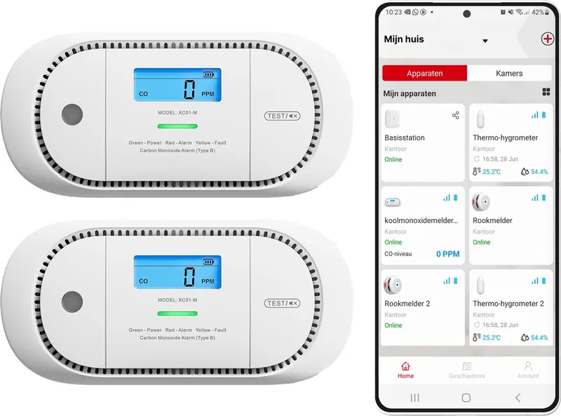 XC01-M Slimme koolmonoxidemelder met WiFi - 2 Koolmonoxidemelders - Link+ Pro - Werkt via app - Draadloos RF koppelbaar - LCD Display - CO melder från X-Sense i Vit – produktbild