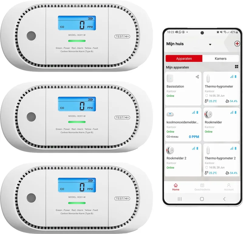 XC01-M Slimme koolmonoxidemelder met WiFi - 3 Koolmonoxidemelders - Link+ Pro - Werkt via app - Draadloos RF koppelbaar - LCD Display - CO melder från X-Sense i Vit – produktbild