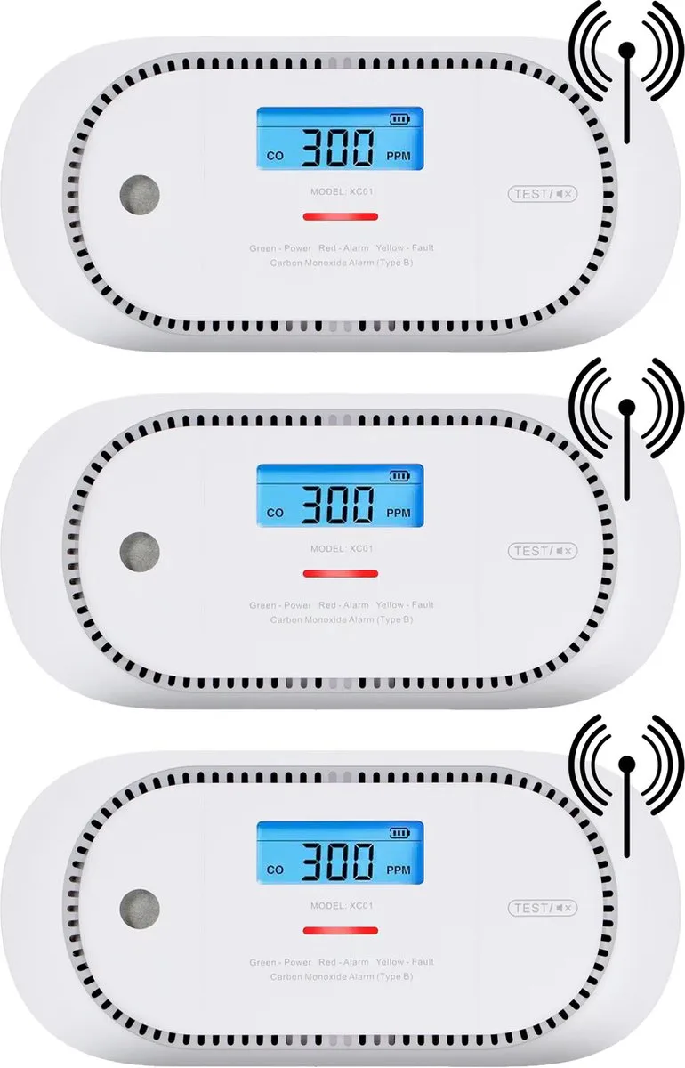 XC01P-WR Koppelbare koolmonoxidemelder - 3 koolmonoxidemelders - 10 jaar Figaro® sensor - LCD display - Voldoet aan Europese norm - Draadloos koppelbaar von X-Sense in Weiß – Produktfoto