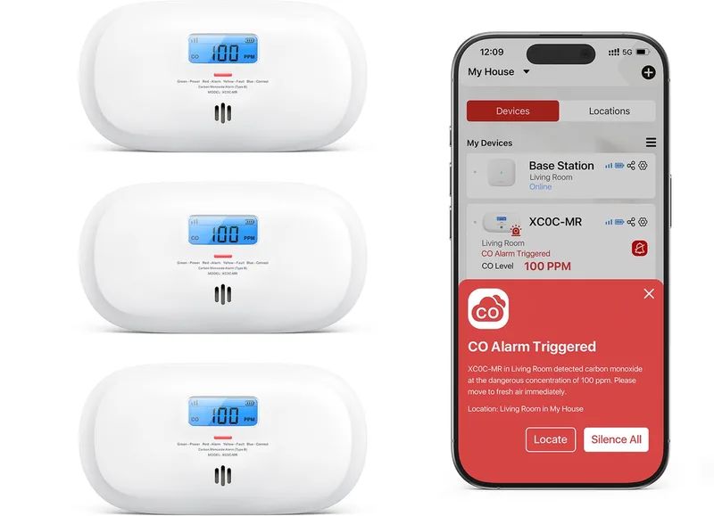 XC0C-MR Slimme koolmonoxidemelder met WiFi - 3 Koolmonoxidemelders - Link+ Pro - Werkt via app - Draadloos RF koppelbaar - LCD Display - CO melder van X-Sense in Wit – productfoto