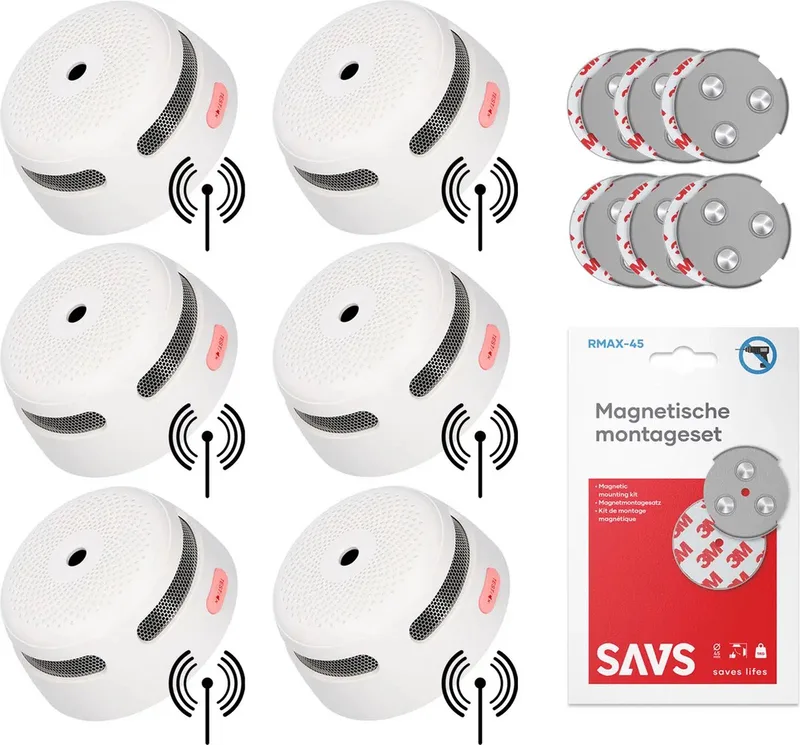 XS01-W Draadloos koppelbare rookmelder - Met magneet montage - 6 Rookmelders - 10 jaar batterij - Voldoet aan Europese norm - Koppelbaar brandalarm zonder boren by X-Sense in White – product photo