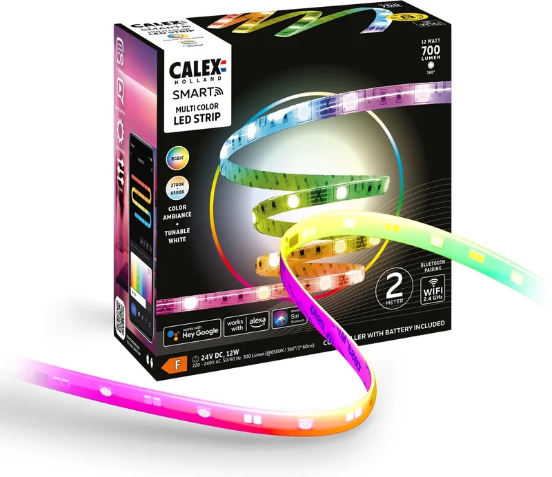 Smart LED Strip - 2M, Slimme Lichtstrip, RGBIC+CCT, App bedienbaar, Binnengebruik, 12W van Calex in Wit – productfoto
