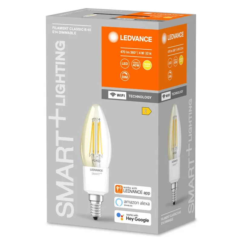 WiFi filament Candle 40 E14 4W 827 von LEDVANCE SMART+ in Transparent – Produktfoto