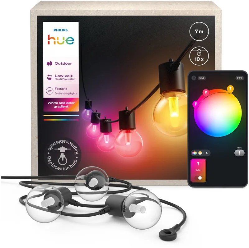 Festavia outdoor lichtsnoer met globe-lampen – 7 meter – 10 lampen de Philips Hue – photo produit 1 sur 2
