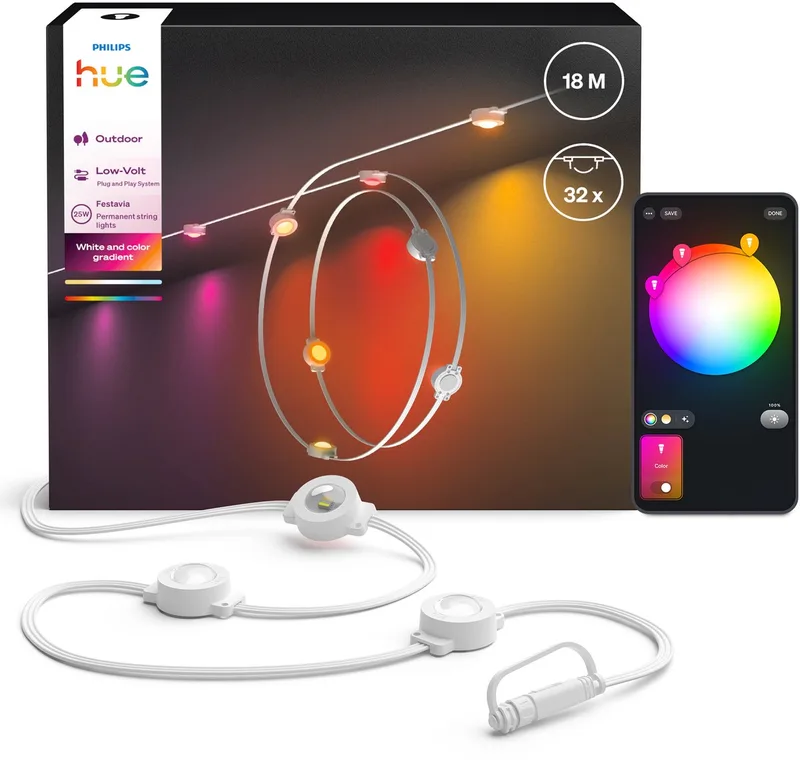 Festavia permanent - Witte snoer 18 m met 32 lampen - Wit en gekleurd licht met kleurverloop - Tot 50 lumen per lamp de Philips Hue – photo produit